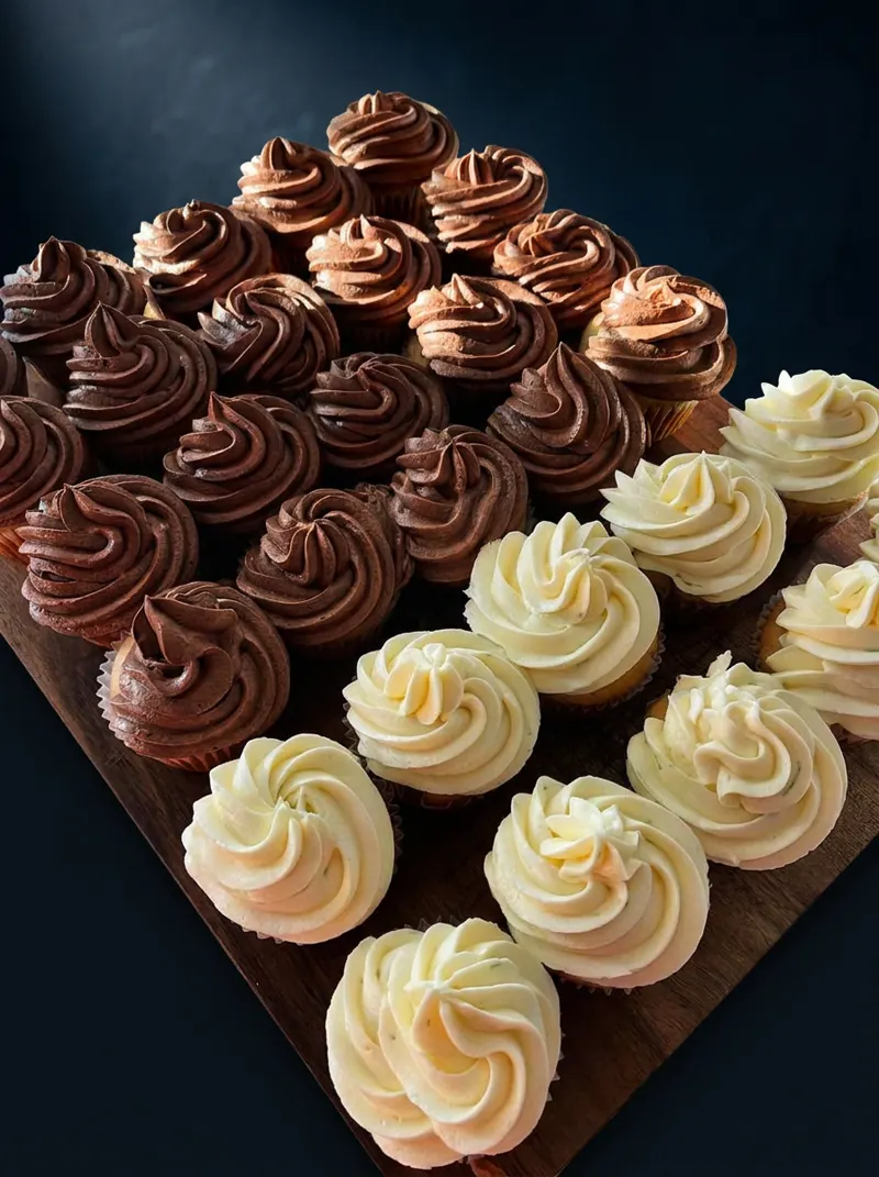 Chocolate and vanilla mini cupcakes fresh on the board